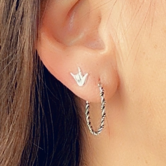 Sterling Silver I Love You ASL Sign Simple Stud Earrings - Picture 14 of 14